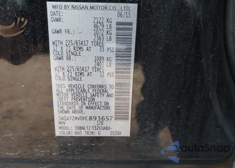 2015 Nissan Rogue Sv z USA, uszkodzony, nr VIN 5N1AT2MV0FC893657